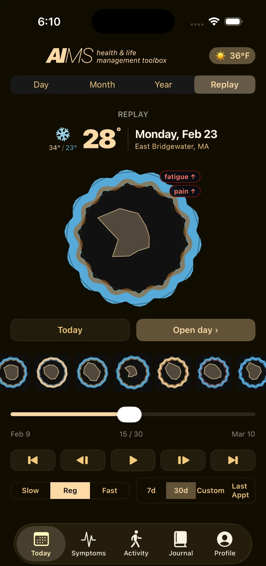 AIMS Replay view — scrubbing back through a flare day by day